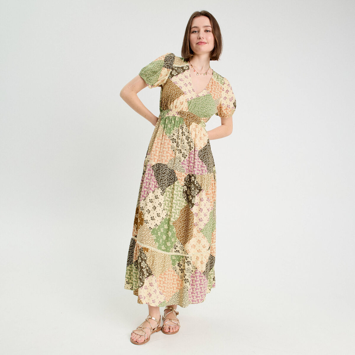 Robe longue &eacute;vas&eacute;e beige femme