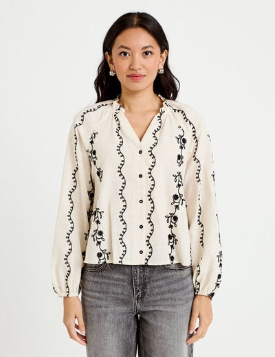 Blouse droite col am&eacute;ricain broderie blanc femme