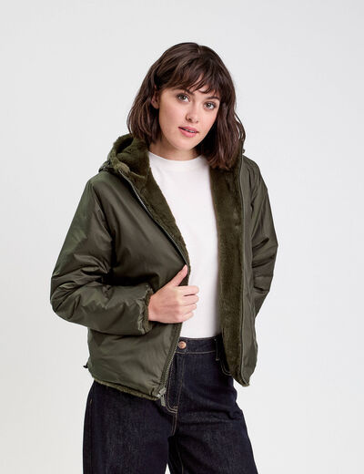 Parka r&eacute;versible &agrave; capuche vert kaki femme
