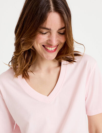 T-shirt col v manches courtes rose clair femme