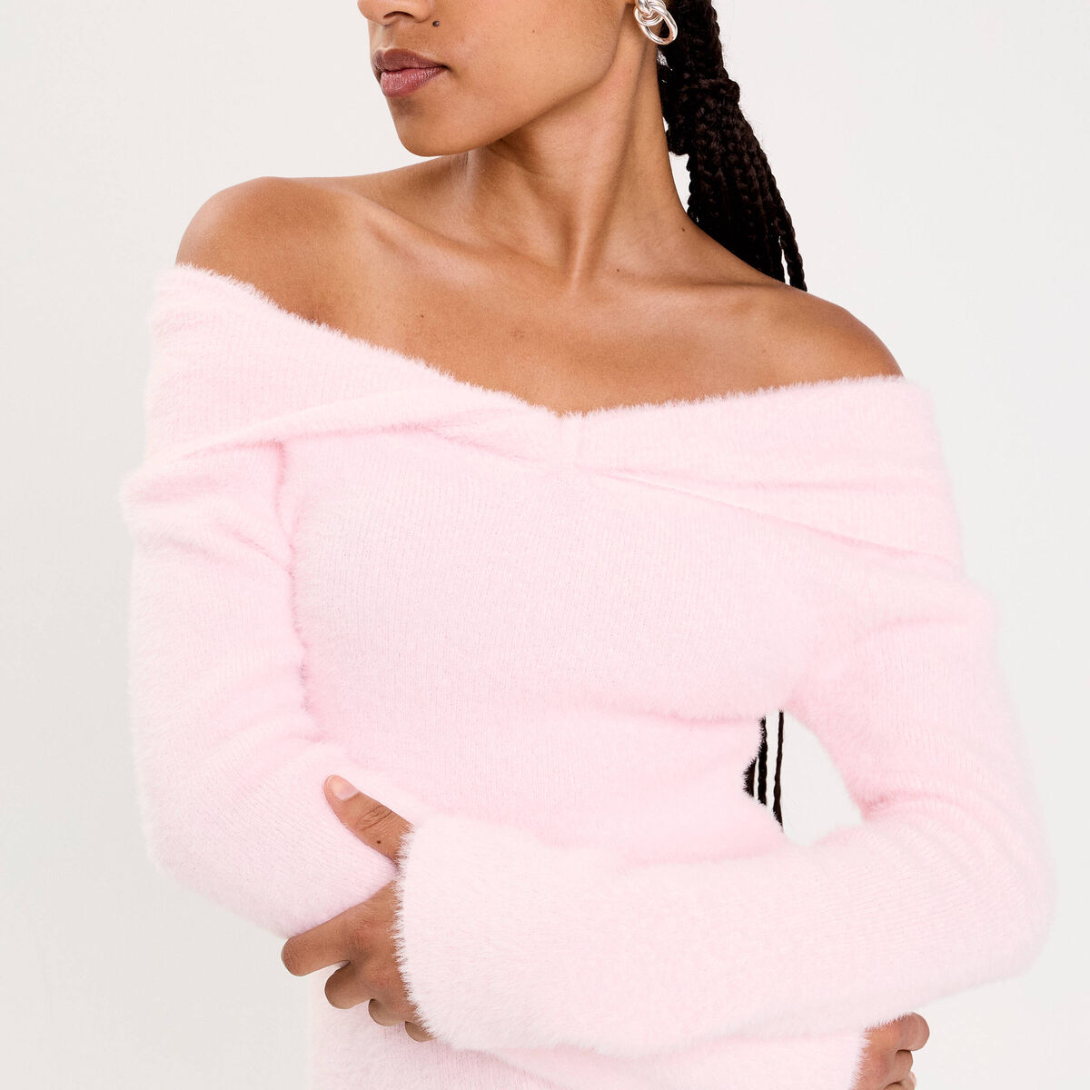 Pull ajust&eacute; col bardot manches longues rose clair femme