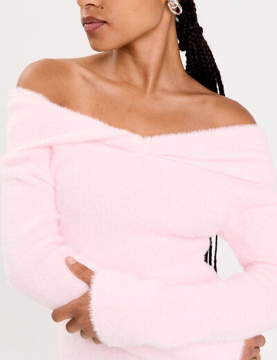 Pull ajust&eacute; col bardot manches longues rose clair femme