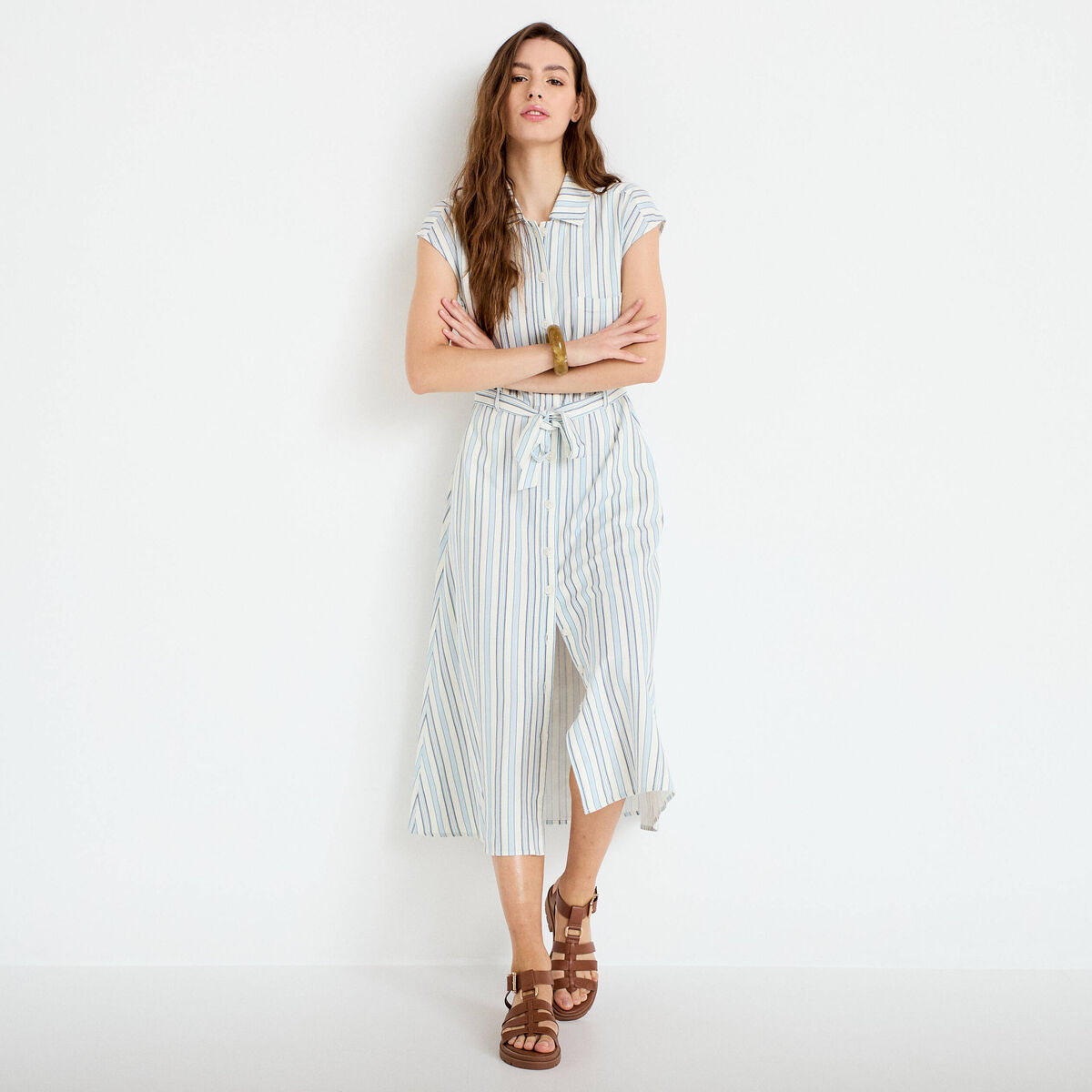 Robe midi &eacute;vas&eacute;e manches tr&egrave;s courtes blanc femme