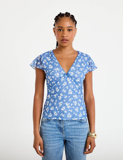 T-shirt ajust&eacute; court d&eacute;collet&eacute; dentelle bleu femme