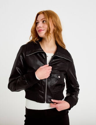Bomber ajust&eacute; cropped similicuir noir femme