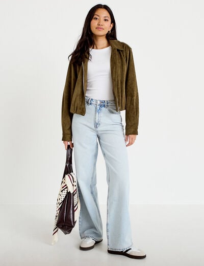 Jeans wide leg taille haute denim bleach femme