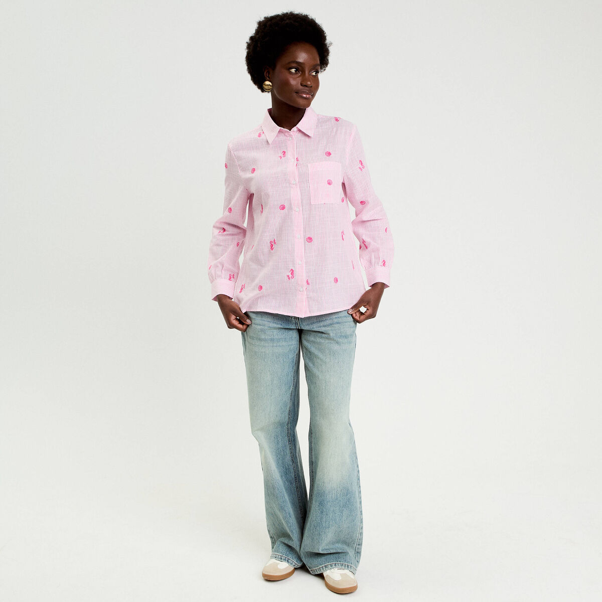 Chemise brod&eacute;e manches longues blanc femme