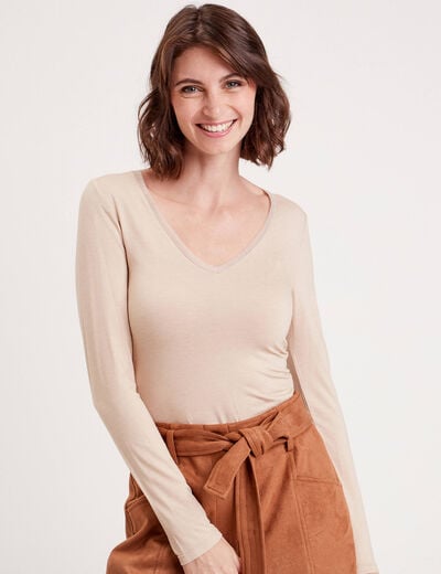 T-shirt thermique col en V plumetis sable femme