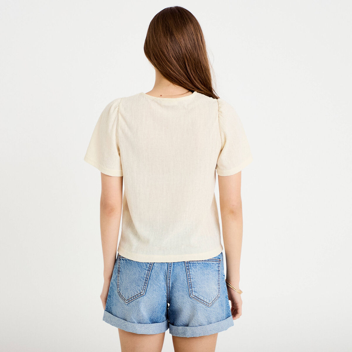T-shirt manches courtes aspect dentelle ecru femme