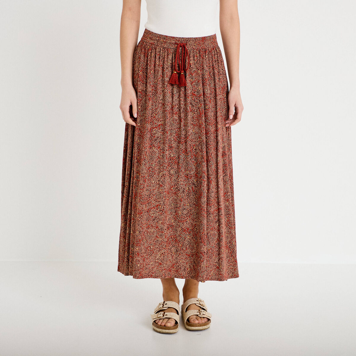 Jupe longue fluide rouge fonc&eacute; femme