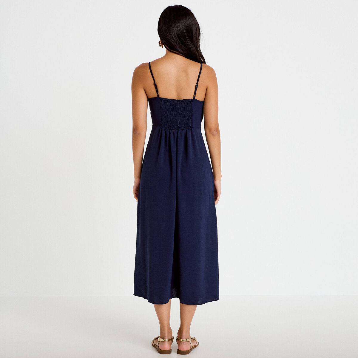 Robe longue &eacute;vas&eacute;e fendue bleu marine femme