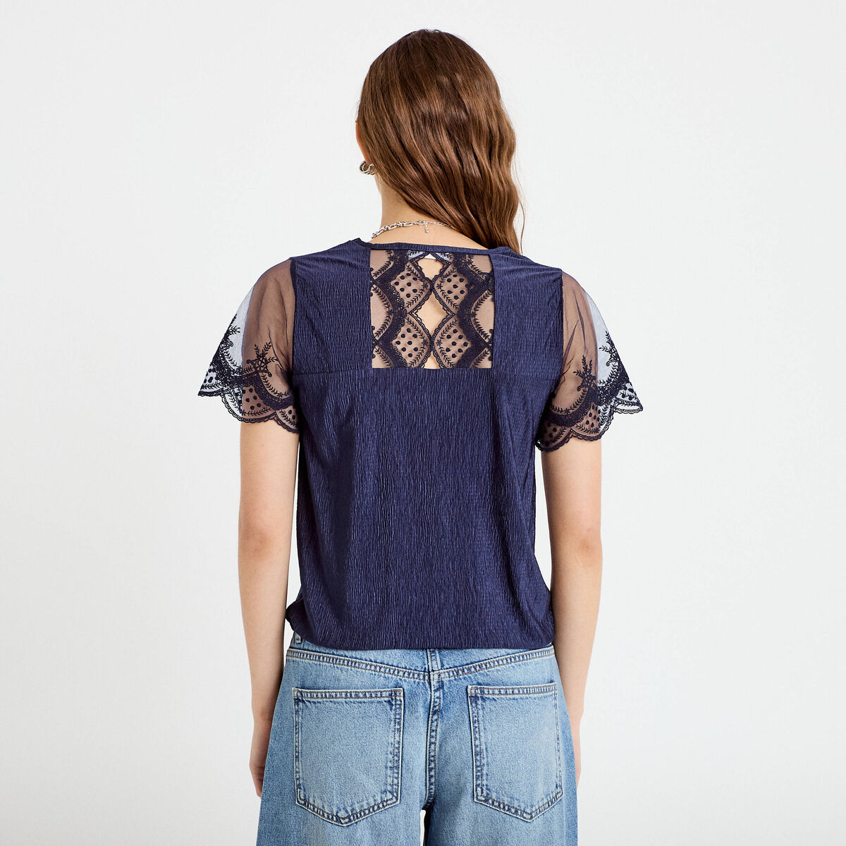 Blouse col v manches courtes dentelle bleu marine femme