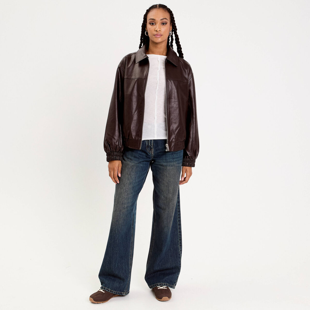 Bomber oversize similicuir col chemise marron fonc&eacute; femme