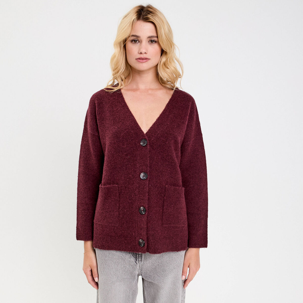 Gilet col v violet fonc&eacute; femme