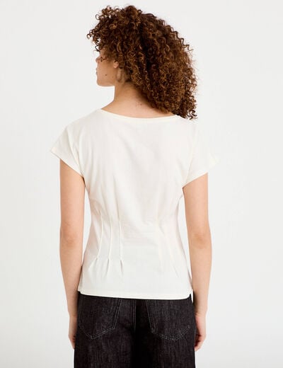 T-shirt cintr&eacute; col rond manches courtes ecru femme
