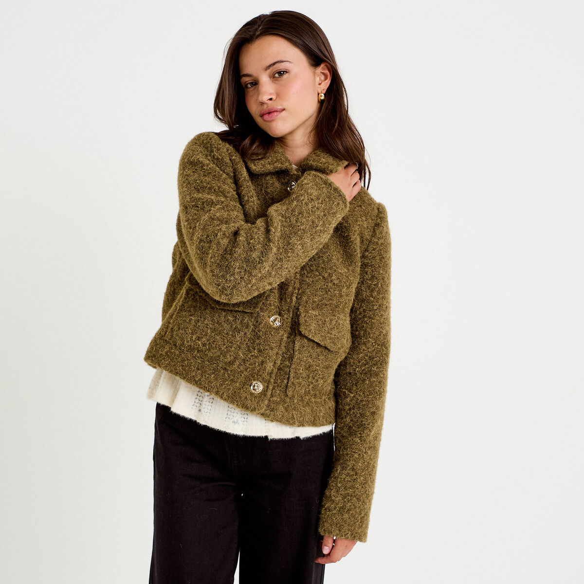 Veste droite bouclette col classique vert kaki femme