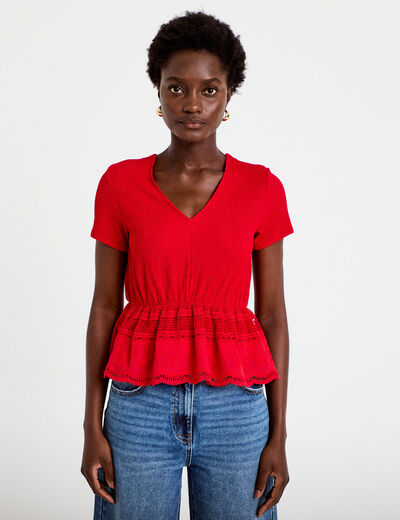 Blouse droite col v manches courtes rouge femme