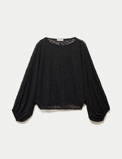 Blouse dentelle col rond manches longues noir femme