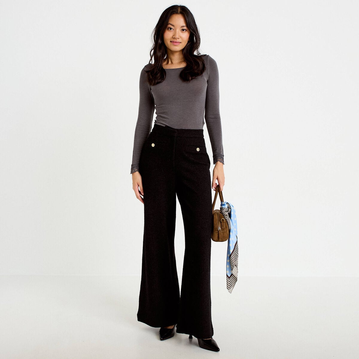 Pantalon bootcut en tweed noir femme