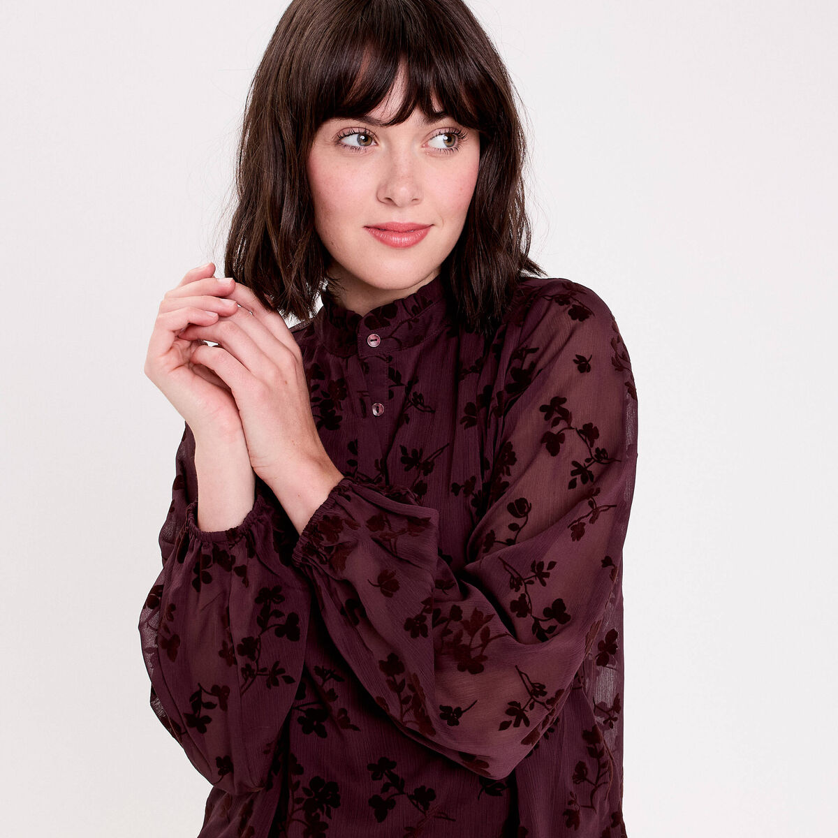 Blouse fluide manches longues marron cognac femme