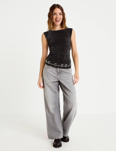 Jean wide leg taille basse denim gris clair femme