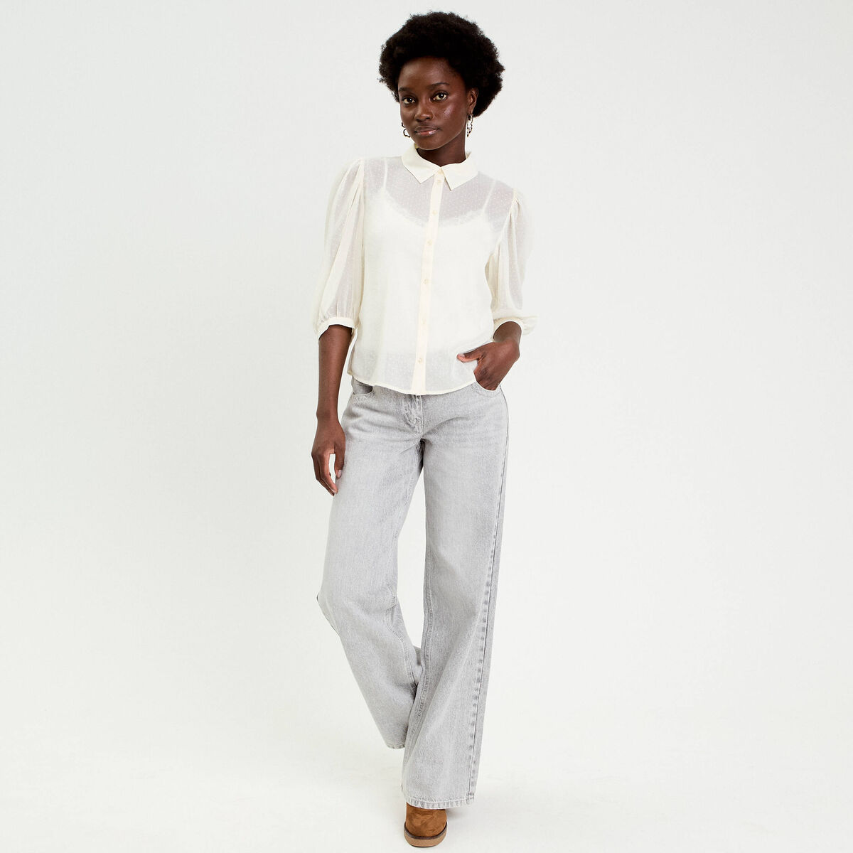 Chemise droite courte voile manches 3/4 ecru femme