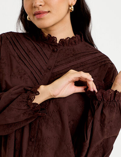 Blouse ample col montant manches longues marron fonc&eacute; femme