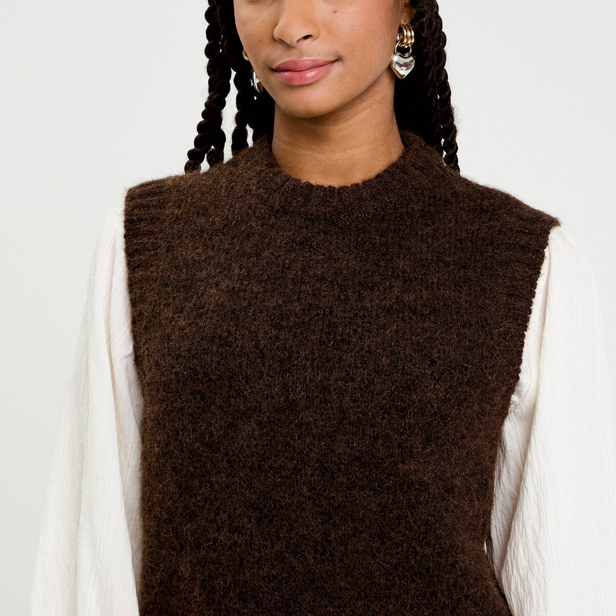 Pull sans manches marron fonc&eacute; femme