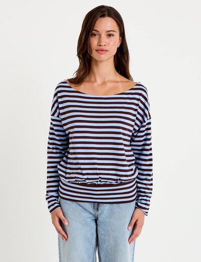 Pull col bateau manches longues bleu femme