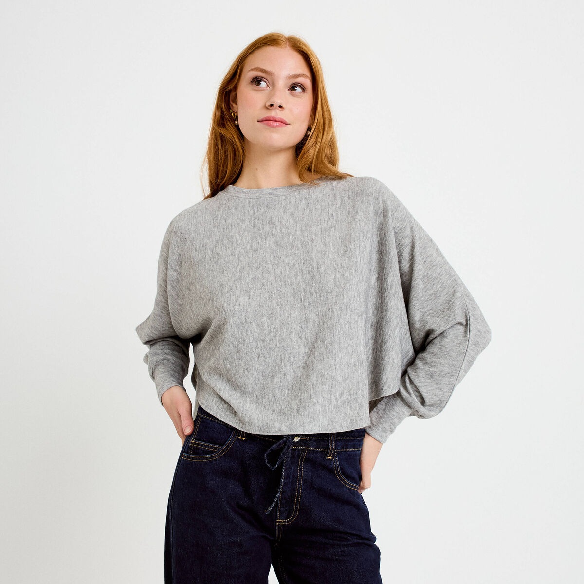 Cape boyfriend cropped col rond gris clair femme