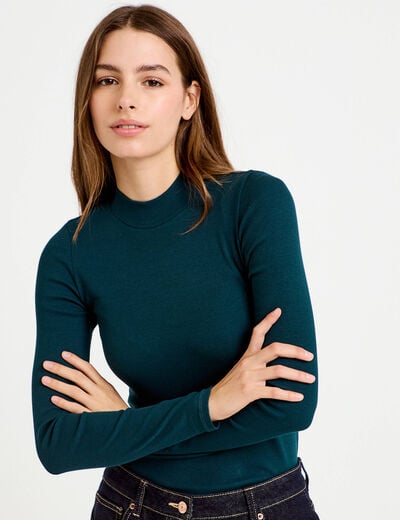 T-shirt ajust&eacute; manches longues vert fonc&eacute; femme