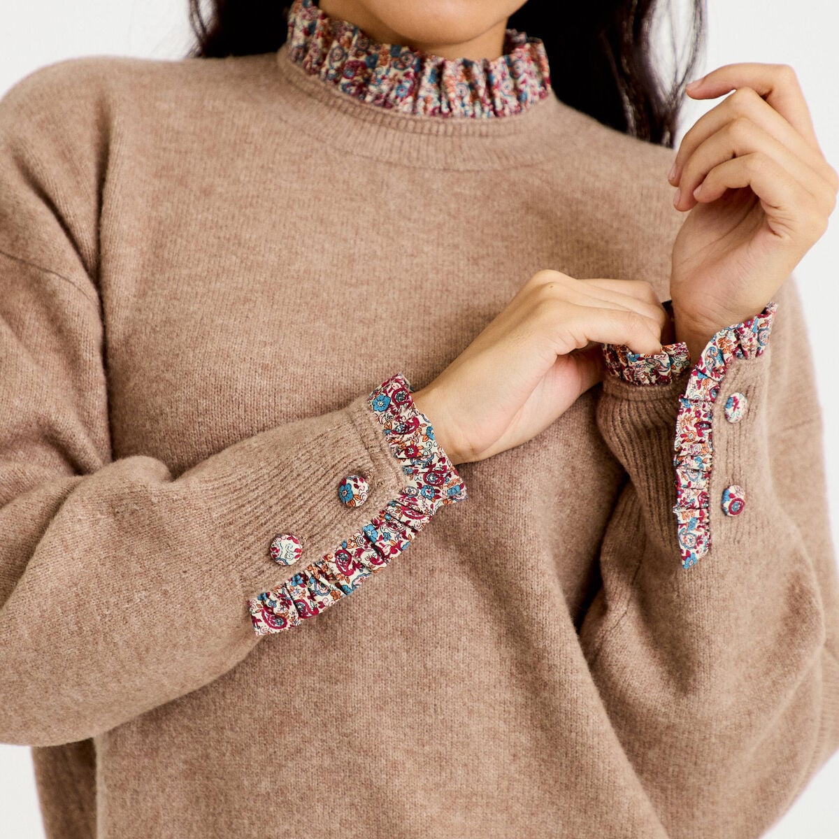 Pull col rond manches longues beige femme