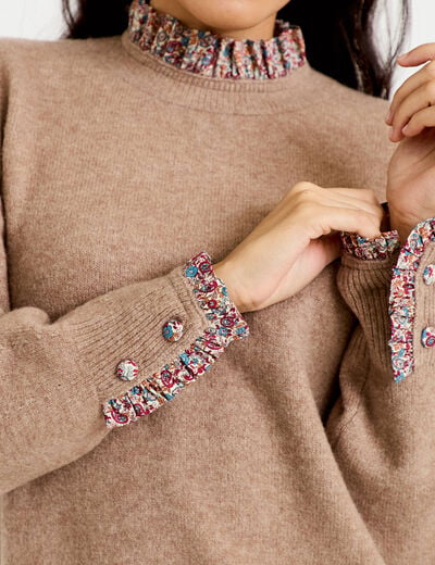 Pull col rond manches longues beige femme