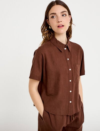 Chemise droite courte col classique marron femme