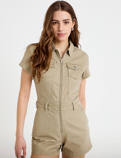 Combishort zipp&eacute;e en jean vert femme