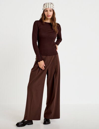 T-shirt ajust&eacute; col rond manches longues marron fonc&eacute; femme