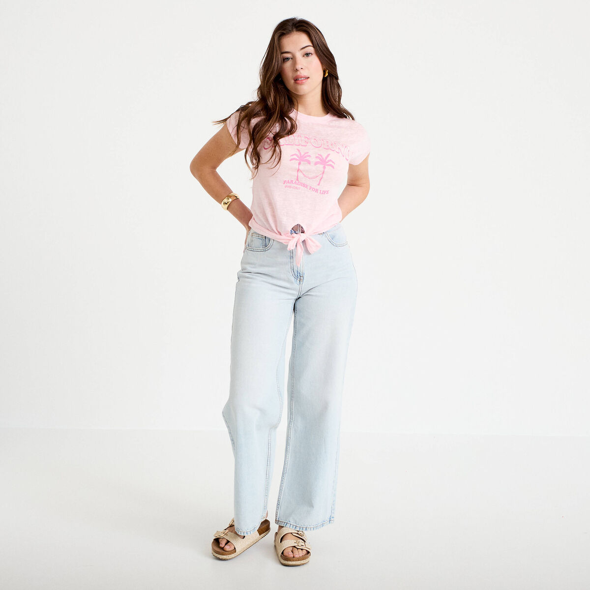 T-shirt droit cropped manches courtes rose clair femme