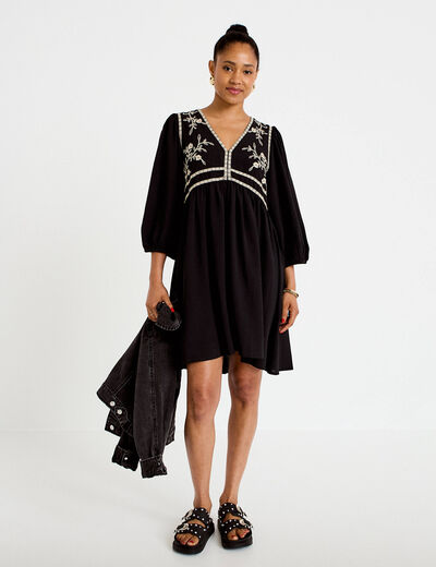 Robe droite courte col v manches 3/4 noir femme