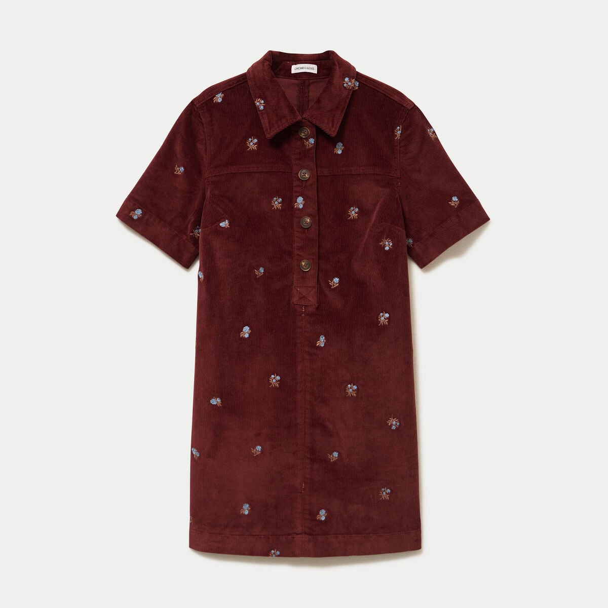 Robe droite courte en velours brod&eacute; marron femme