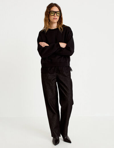 Sweat droit col rond d&eacute;tail dentelle noir femme