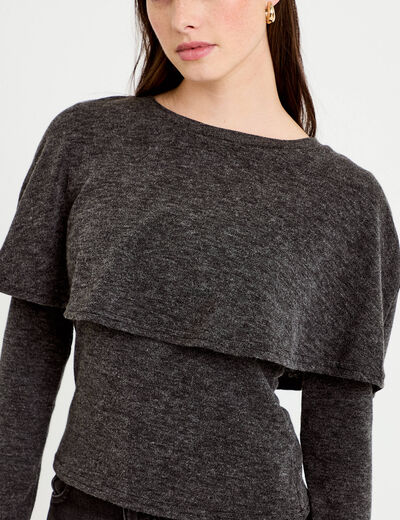 Pull cape col rond manches longues gris fonc&eacute; femme