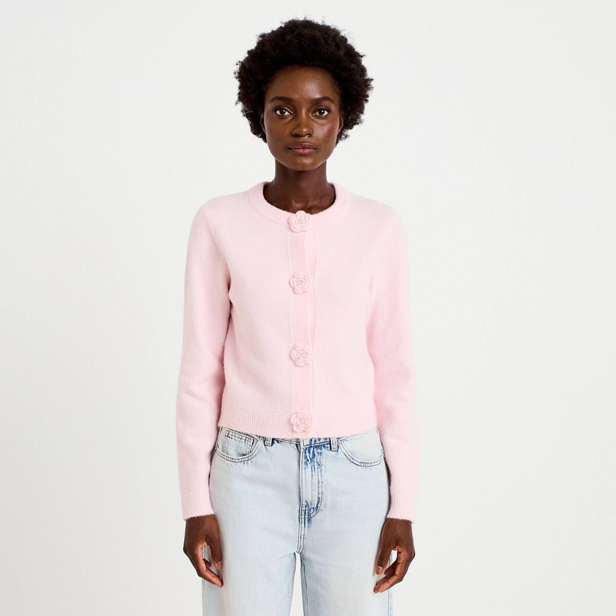 Gilet manches longues col rond rose clair femme