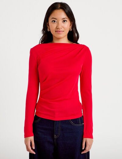 T-shirt col b&eacute;nitier manches longues rouge femme