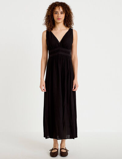 Robe longue &eacute;vas&eacute;e col v sans manches noir femme