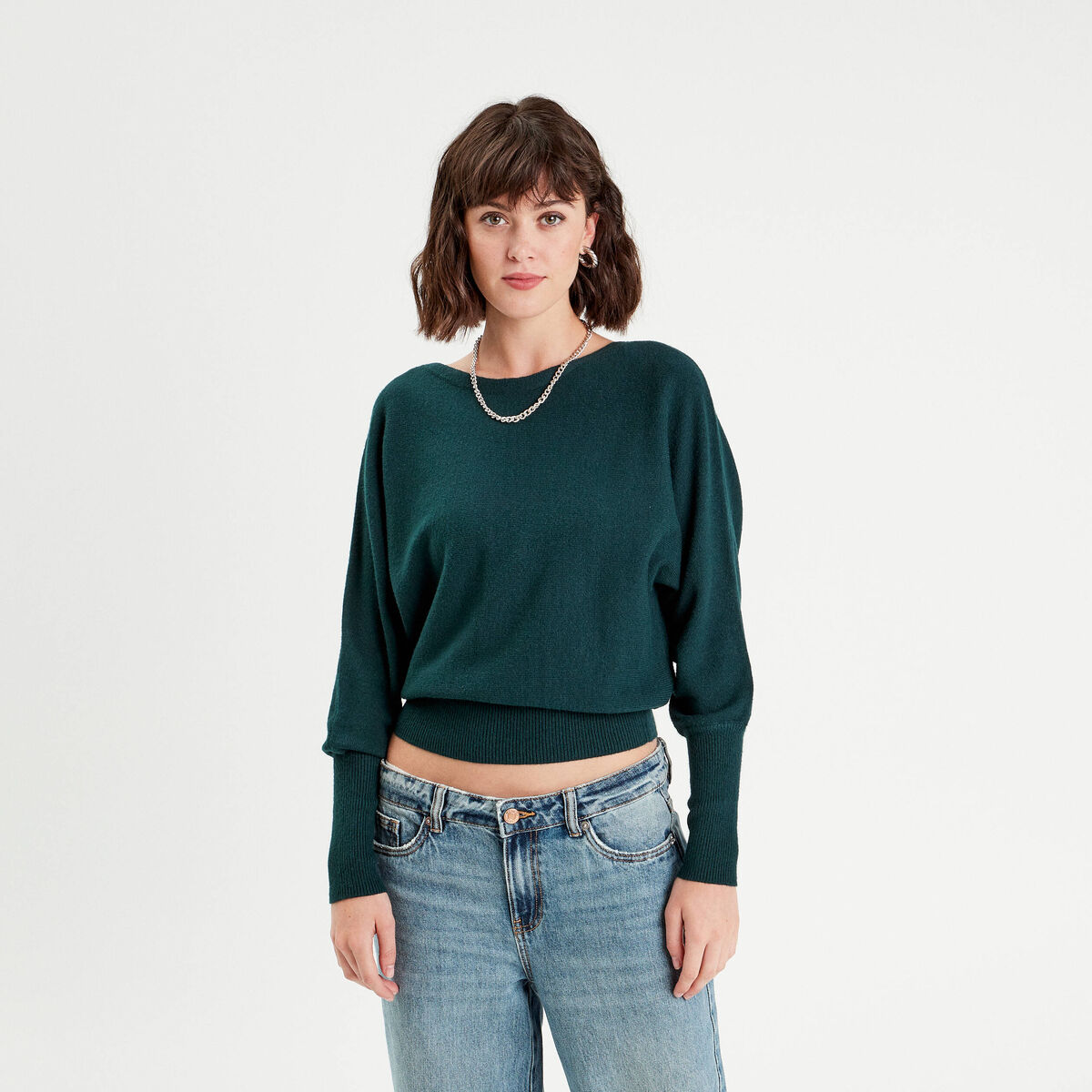 Pull manches chauves-souris vert fonc&eacute; femme