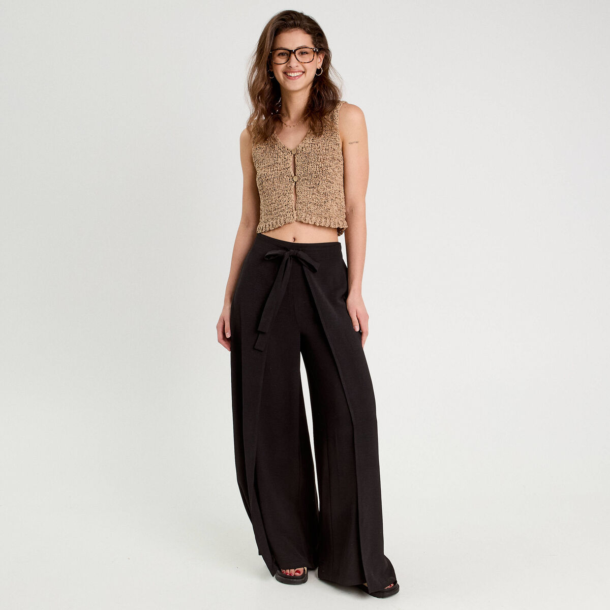 Pantalon large taille haute fluide noir femme