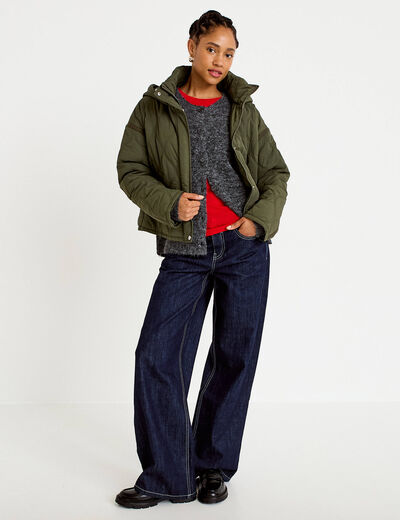 Veste droite &agrave; capuche manches longues vert kaki femme