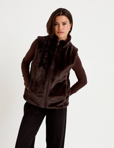 Veste courte ajust&eacute;e sans manches marron fonc&eacute; femme