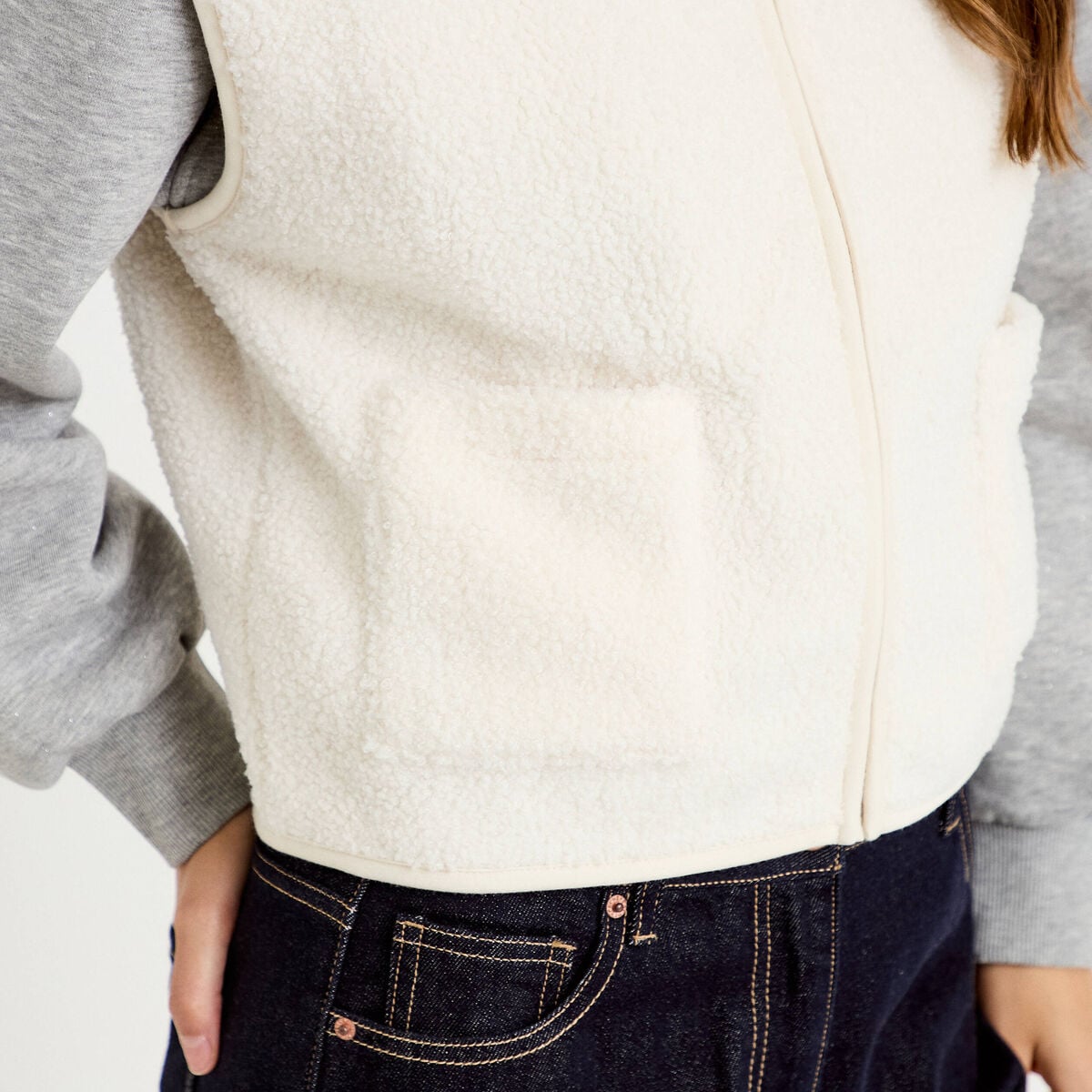 Gilet sans manches bouclette ecru femme