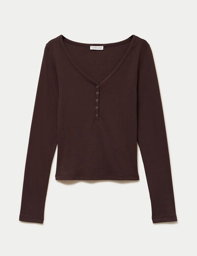 T-shirt c&ocirc;tel&eacute; ajust&eacute; manches longues marron fonc&eacute; femme